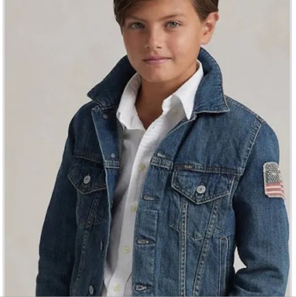 Boys Ralph Lauren Polo Denim Jacket Size 7 American Flag Patch Jean Coat